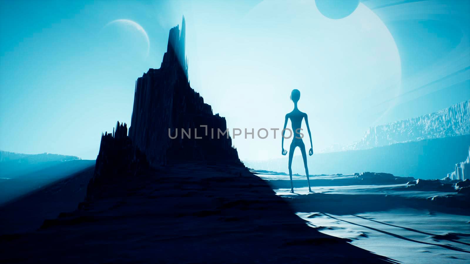 An alien is waiting for the dawn on his unusual planet. Landscape of a beautiful alien planet in far space.