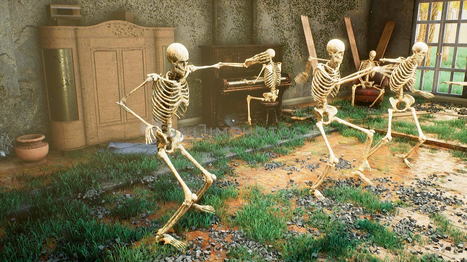 Skeletons dancing a fun dance in an old ruined house. The concept of a post-apocalyptic world or Halloween horror.