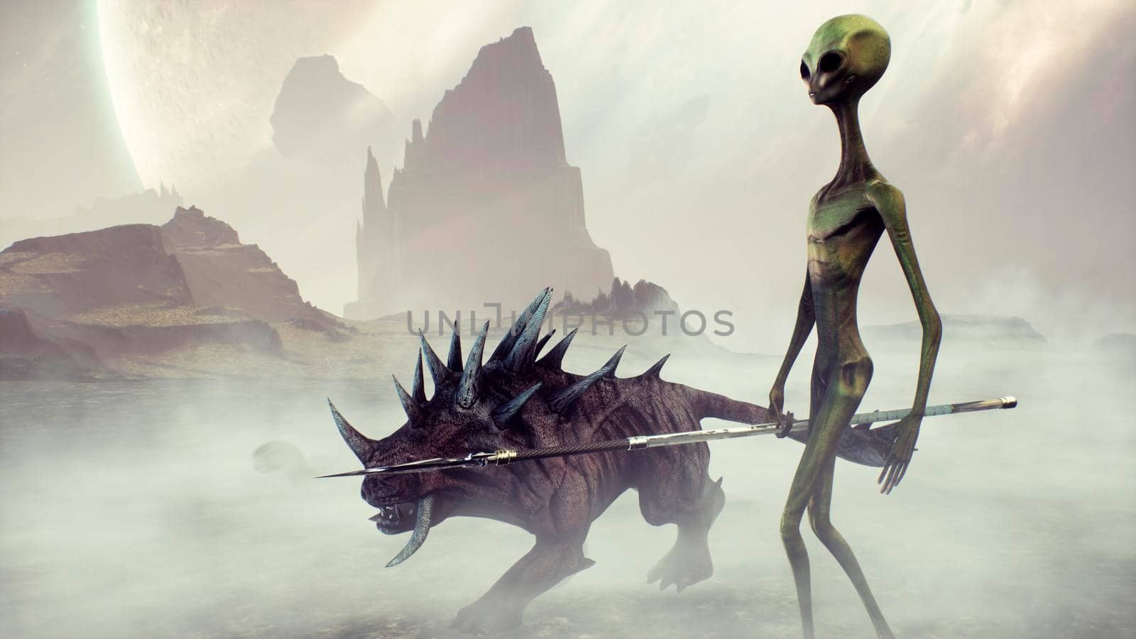An alien with his unusual animal go hunting. Landscape of a creepy alien planet in a lost space. 3D Rendering. by designprojects