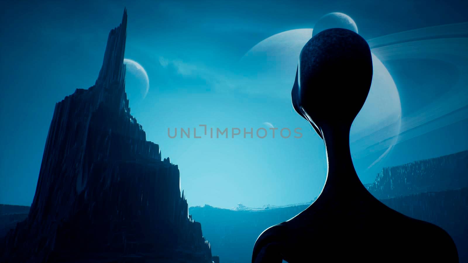 An alien is waiting for the dawn on his unusual planet. Landscape of a beautiful alien planet in far space.