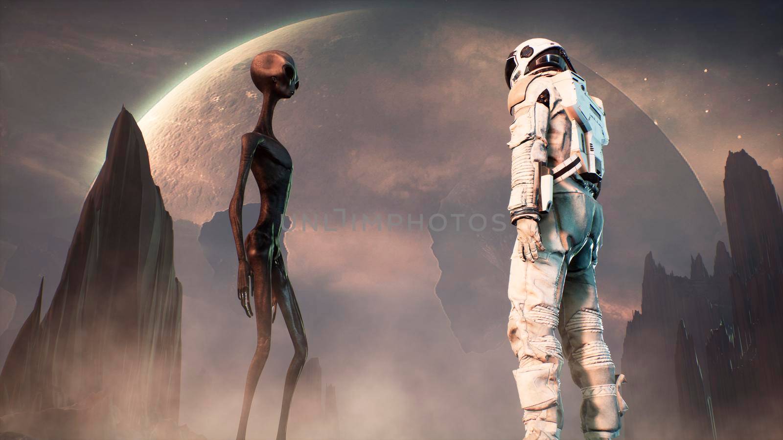 Meeting an alien and an astronaut on a mysterious planet in a distant deep space. 3D Rendering. by designprojects