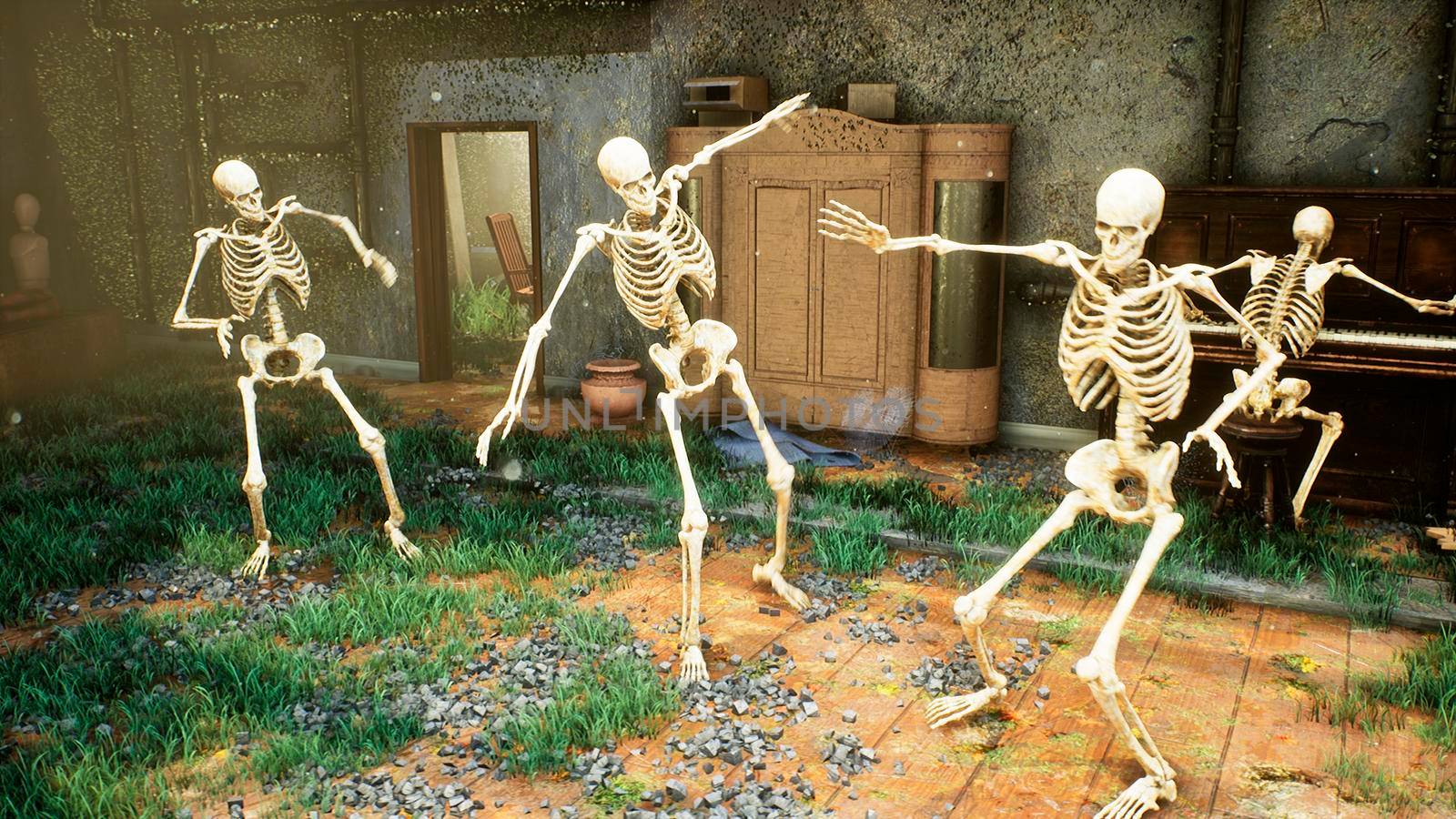 Skeletons dancing a fun dance in an old ruined house. The concept of a post-apocalyptic world or Halloween horror. 3D Rendering. by designprojects