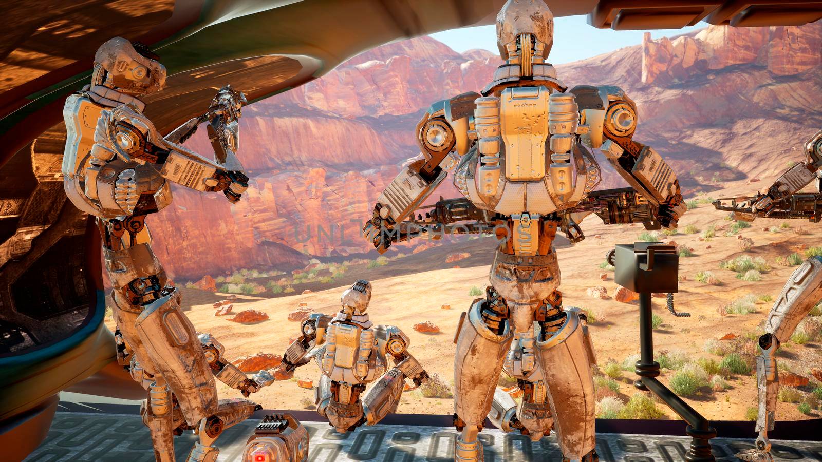 Military robots-androids arrived on a spaceship to an alien planet for its colonization. 3D Rendering. by designprojects