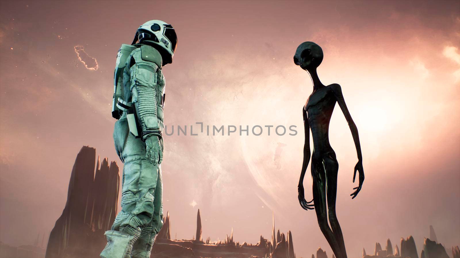 Meeting an alien and an astronaut on a mysterious planet in a distant deep space. 3D Rendering. by designprojects