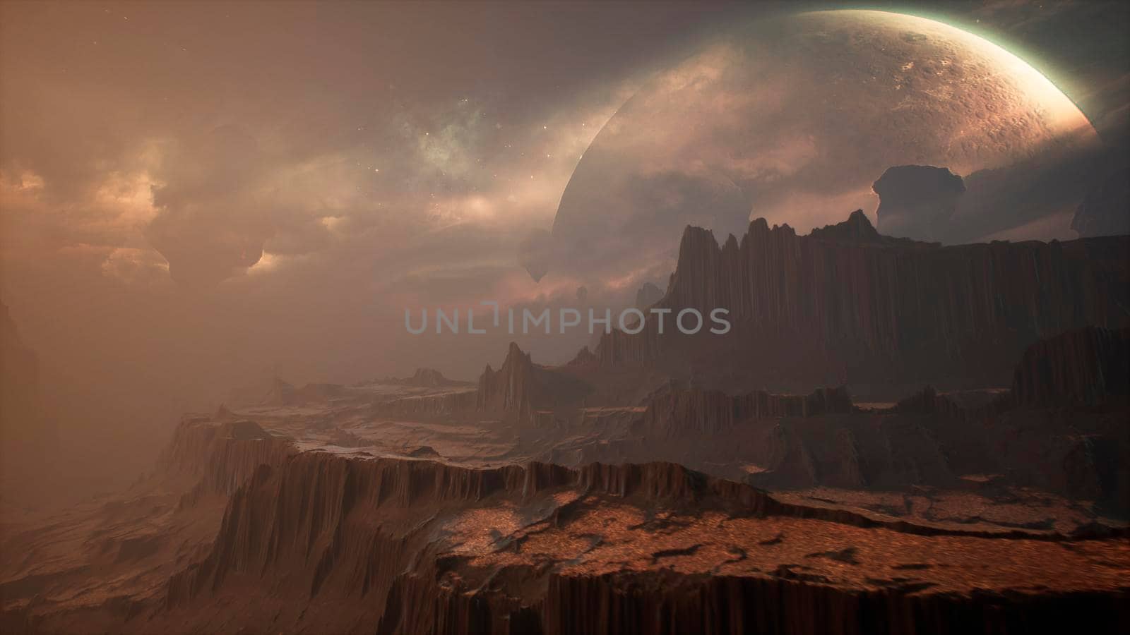 Panoramic landscape on the surface of an alien unusual planet.