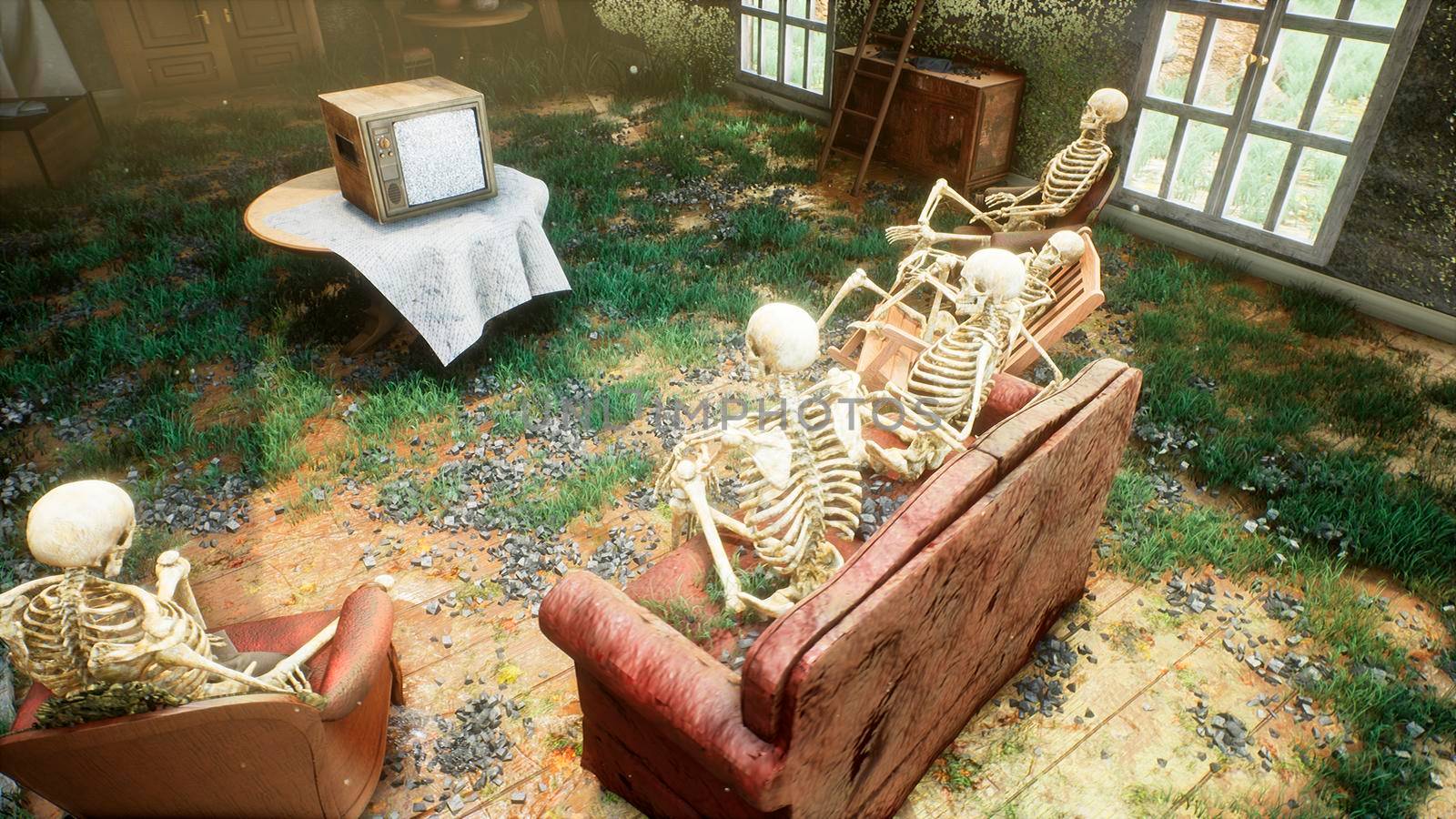 Several skeletons sit in a close family circle in an abandoned house and watch static noise on an old TV. The concept of a post-apocalyptic world or Halloween horror. 3D Rendering. by designprojects