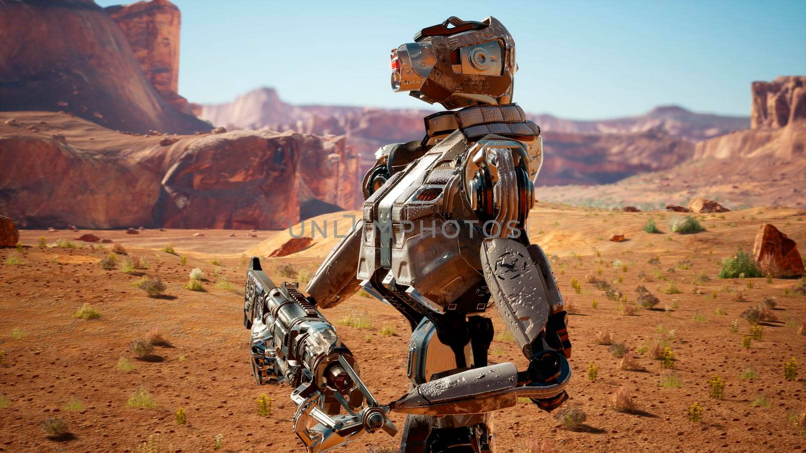 Military robot-android in the desert surveys the territory.