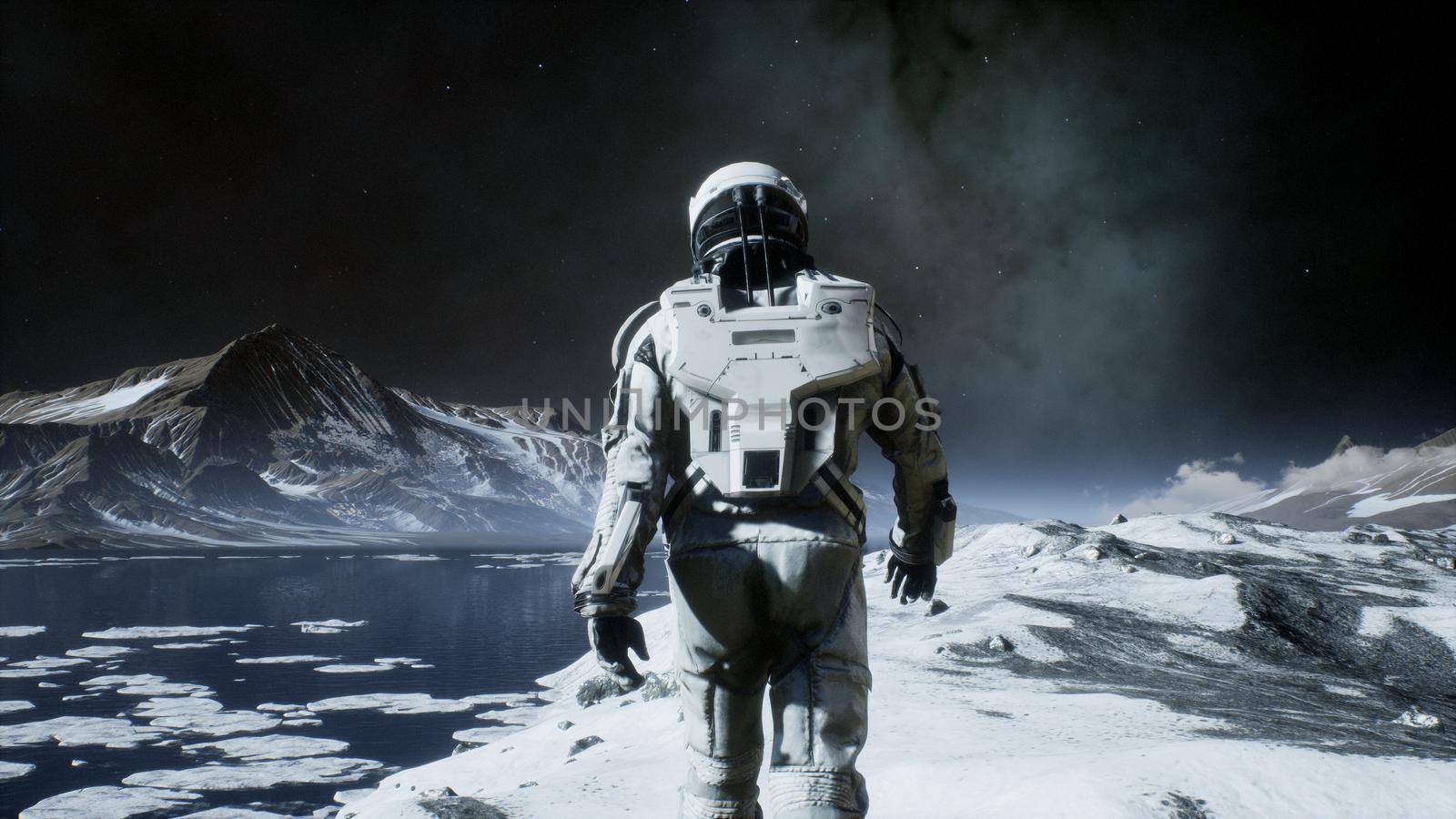 The astronaut is walking on a new unknown snow planet under alien constellations and nebulae. 3D Rendering by designprojects