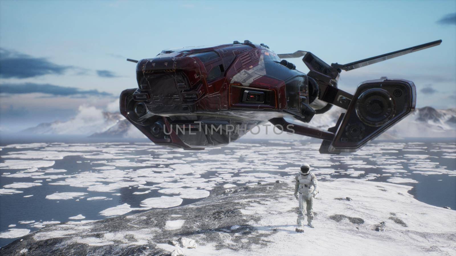 The astronaut landed on a new unknown planet, covered with ice and snow. 3D Rendering by designprojects