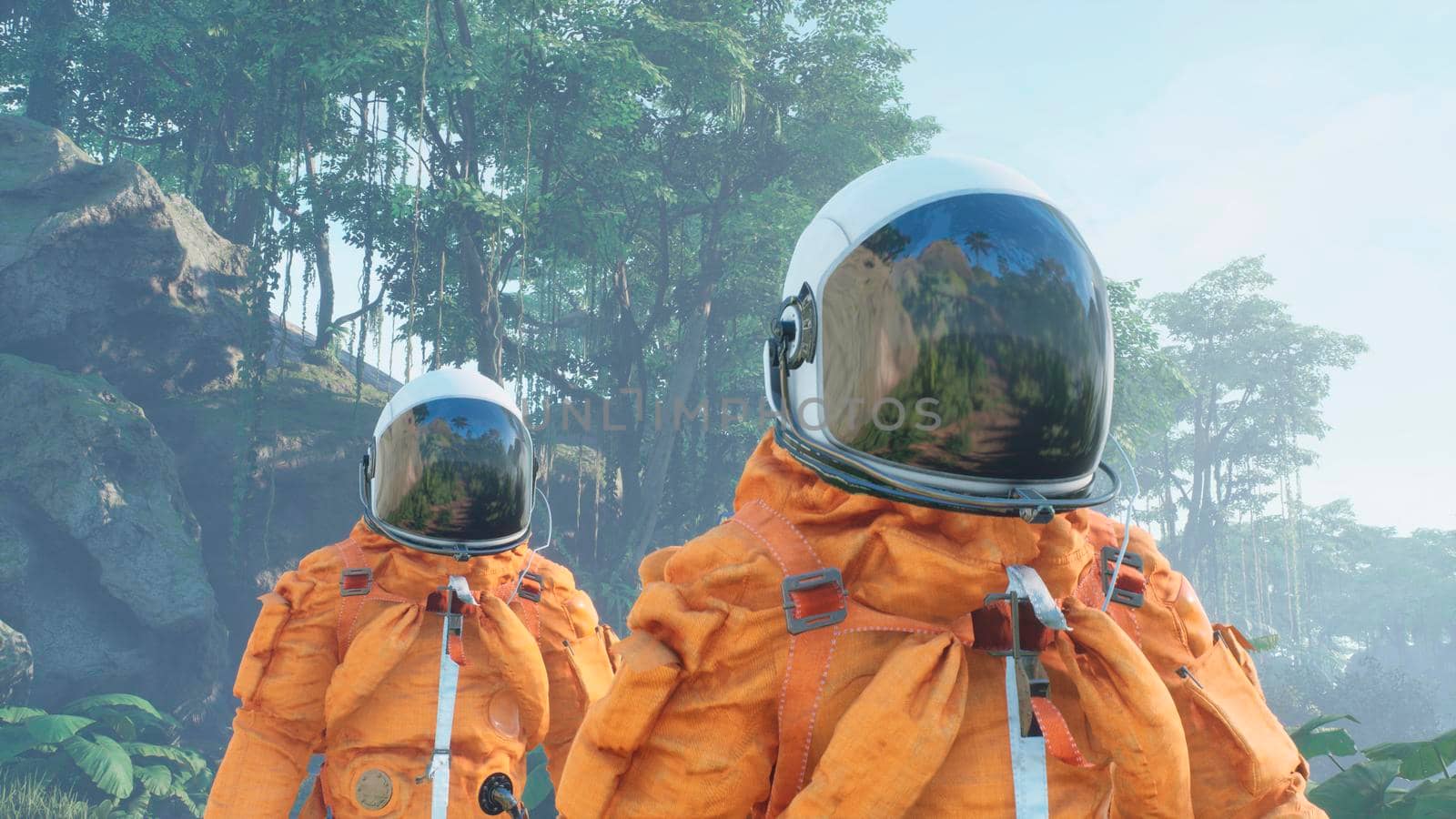 Research astronauts landed on an alien green planet.