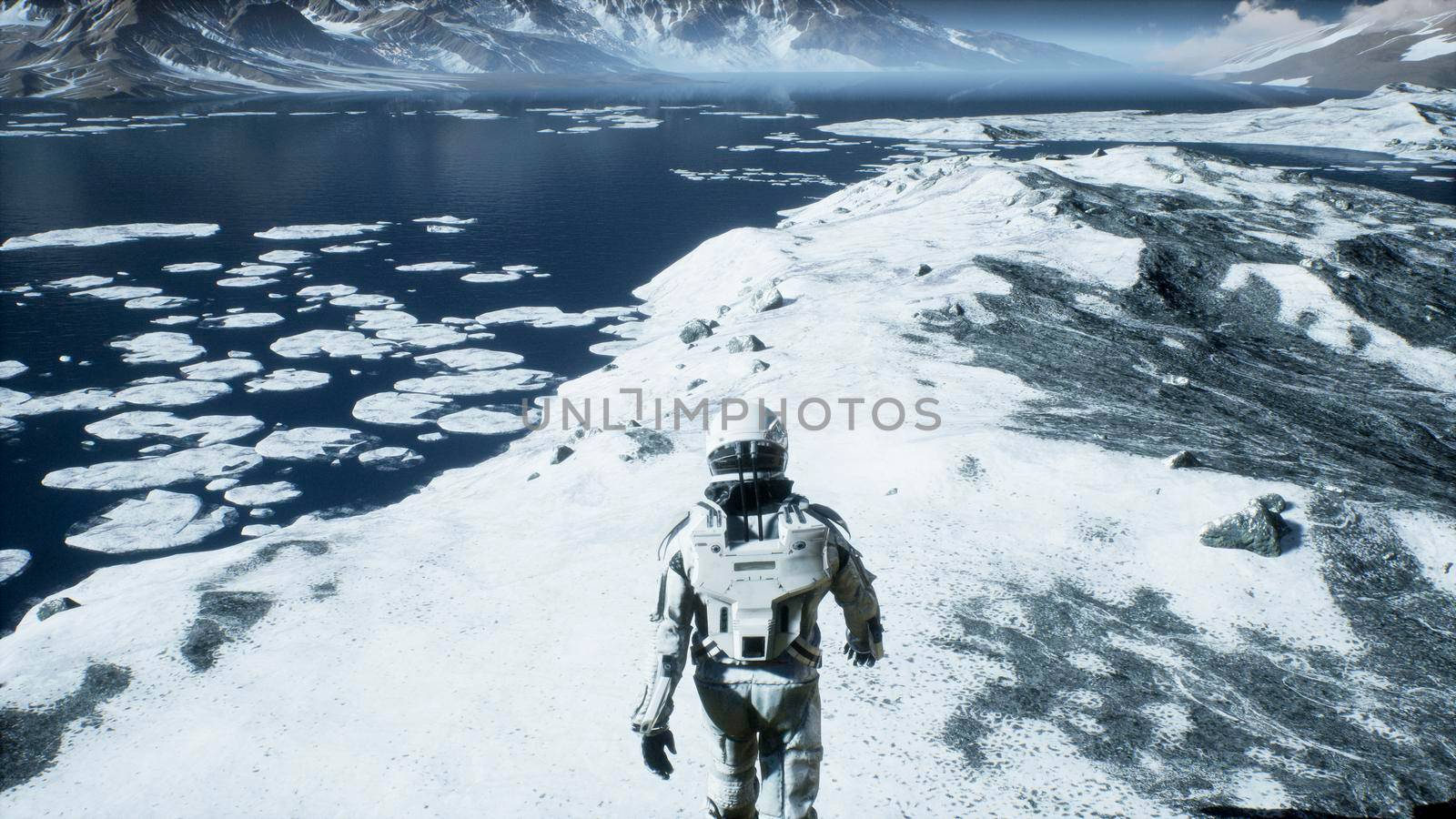 The astronaut is walking on a new unknown snow planet under alien constellations and nebulae.