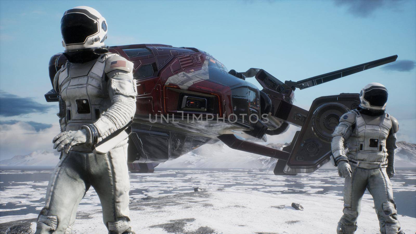An astronaut-scientist studies a new unusual planet covered with ice and snow. 3D Rendering. by designprojects