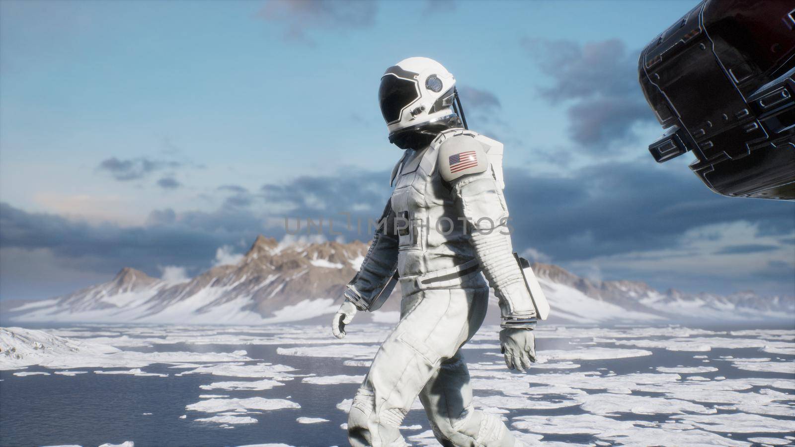 An astronaut-scientist studies a new unusual planet covered with ice and snow.