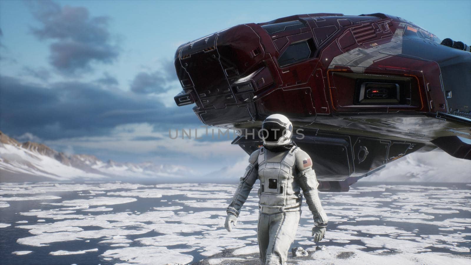 An astronaut-explorer is walking on an uninhabited planet. 3D Rendering. by designprojects