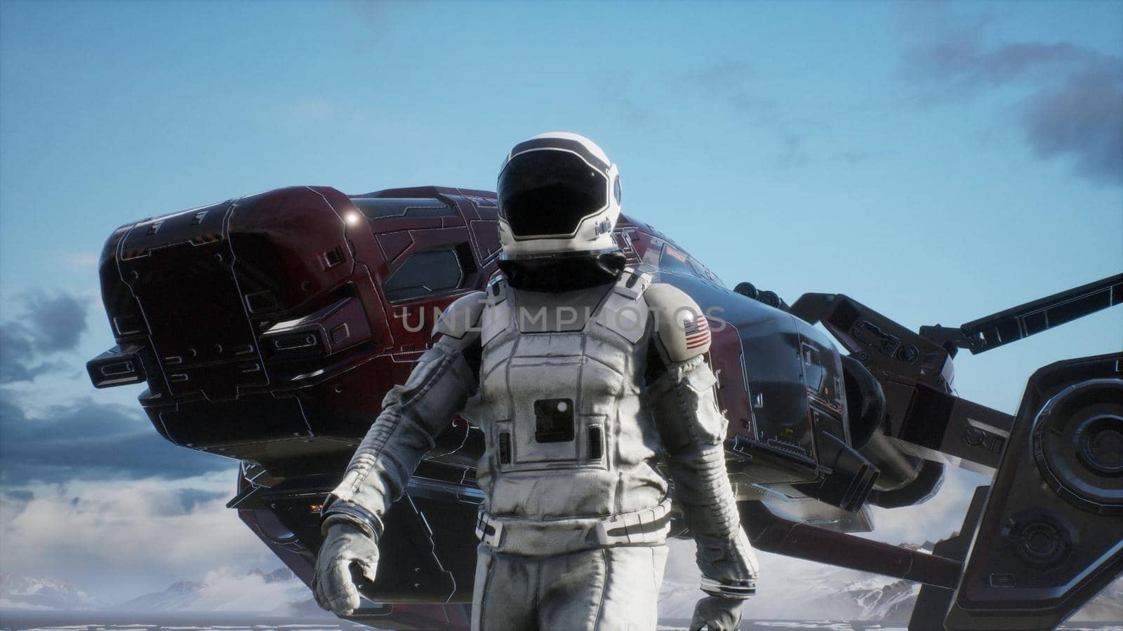 An astronaut-explorer is walking on an uninhabited planet.