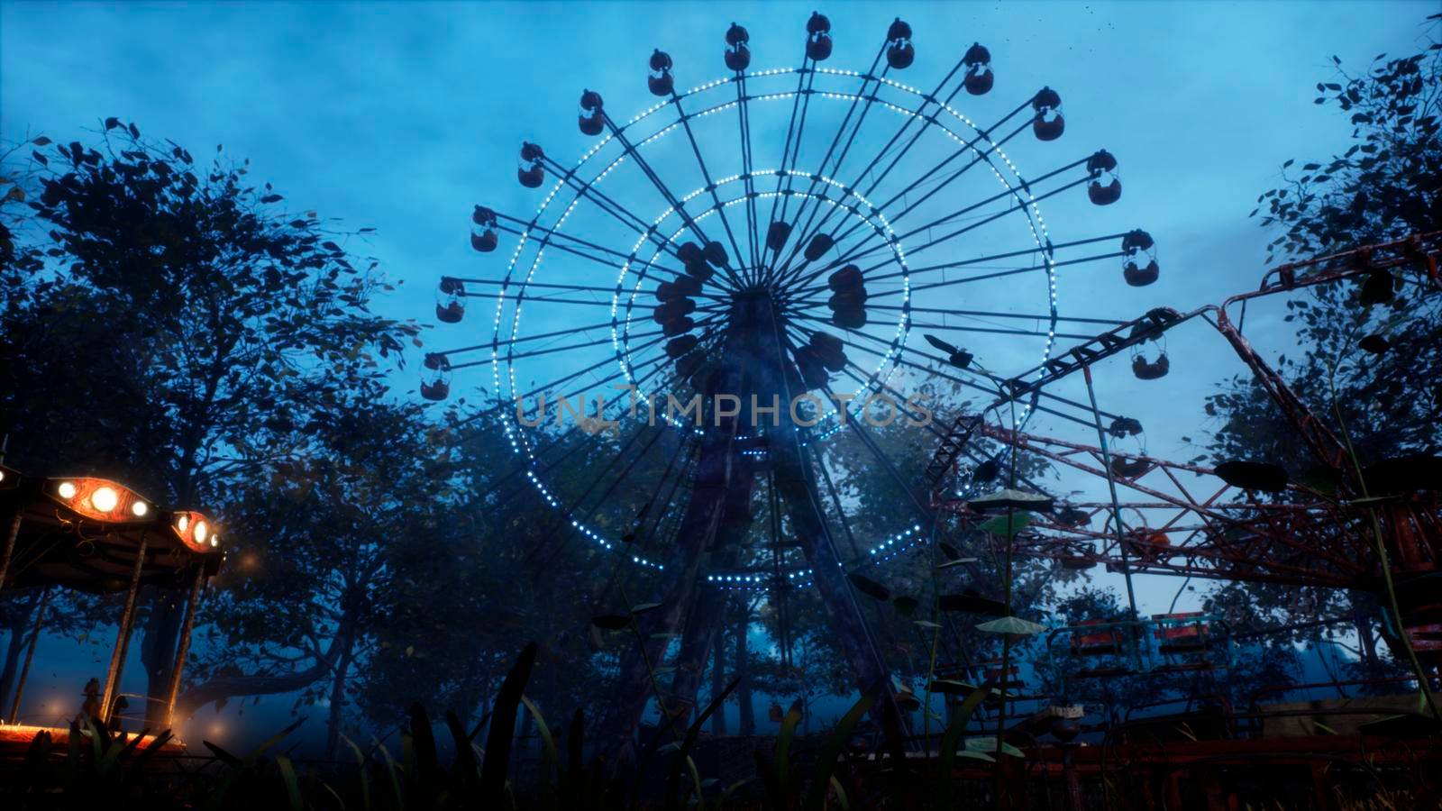 Abandoned Apocalyptic Ferris wheel and carousel in an amusement Park in a city deserted after the Apocalypse.