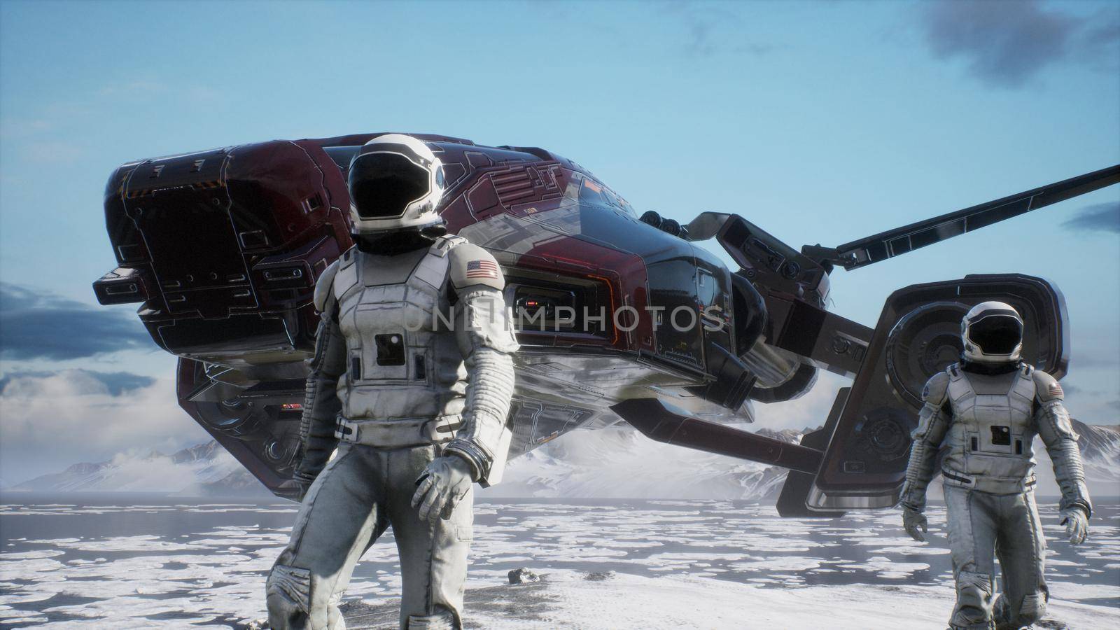 An astronaut-explorer is walking on an uninhabited planet. 3D Rendering. by designprojects