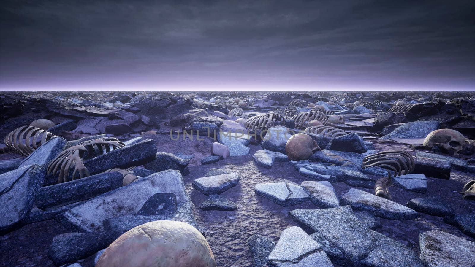 Old skulls and human bones lie on the battlefield after a devastating war or global catastrophe. The concept of war and the Apocalypse. 3D Rendering by designprojects