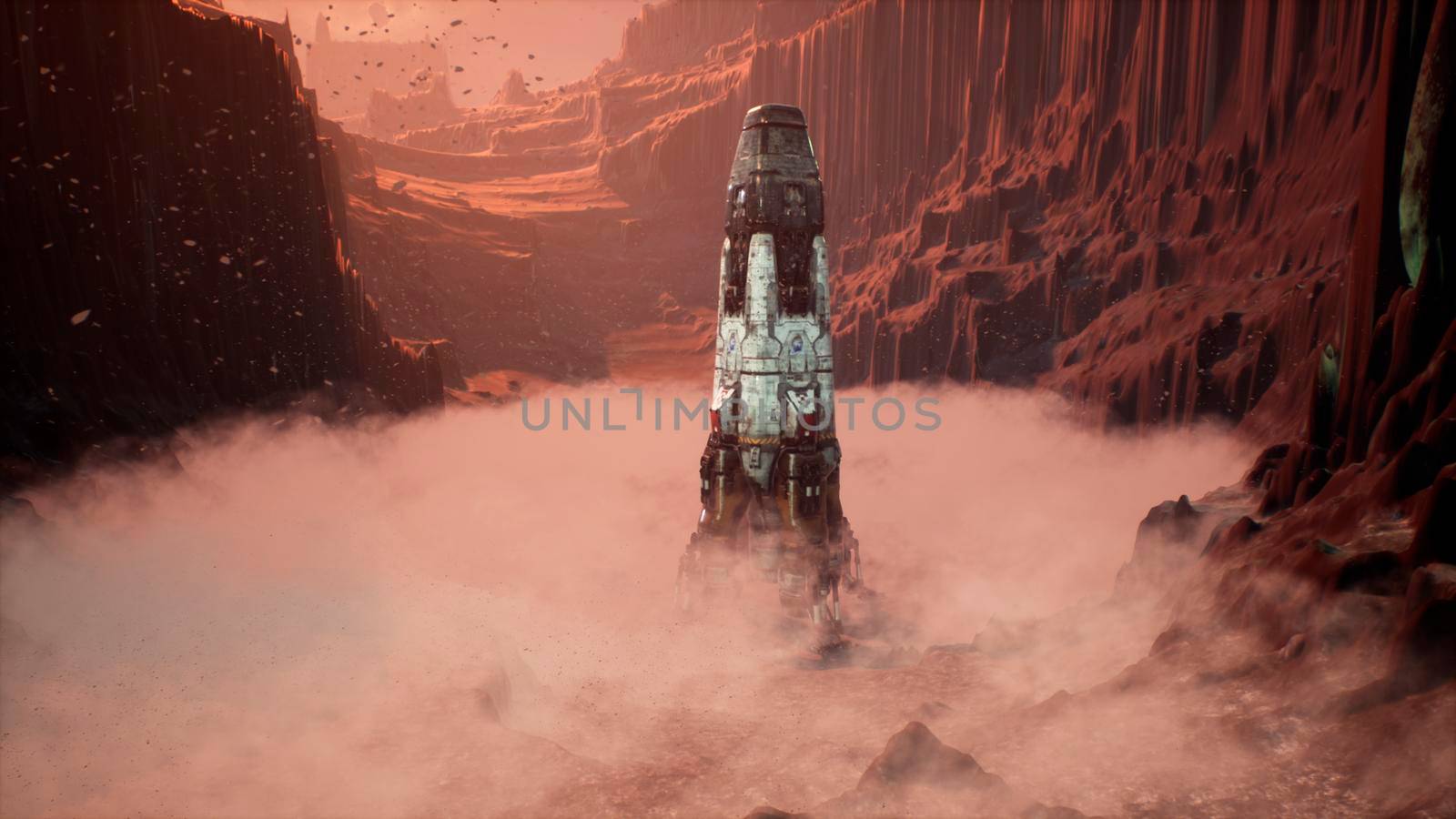 A space rocket lands on an unknown beautiful planet. 3D Rendering. by designprojects