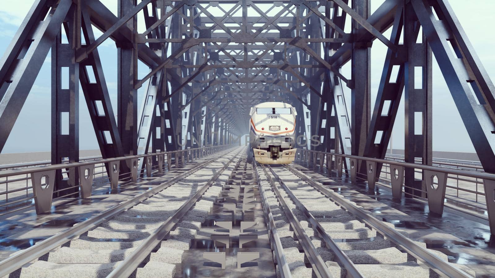 People cross a railway bridge on a cloudy summer morning when a passenger train passes by. 3D Rendering by designprojects