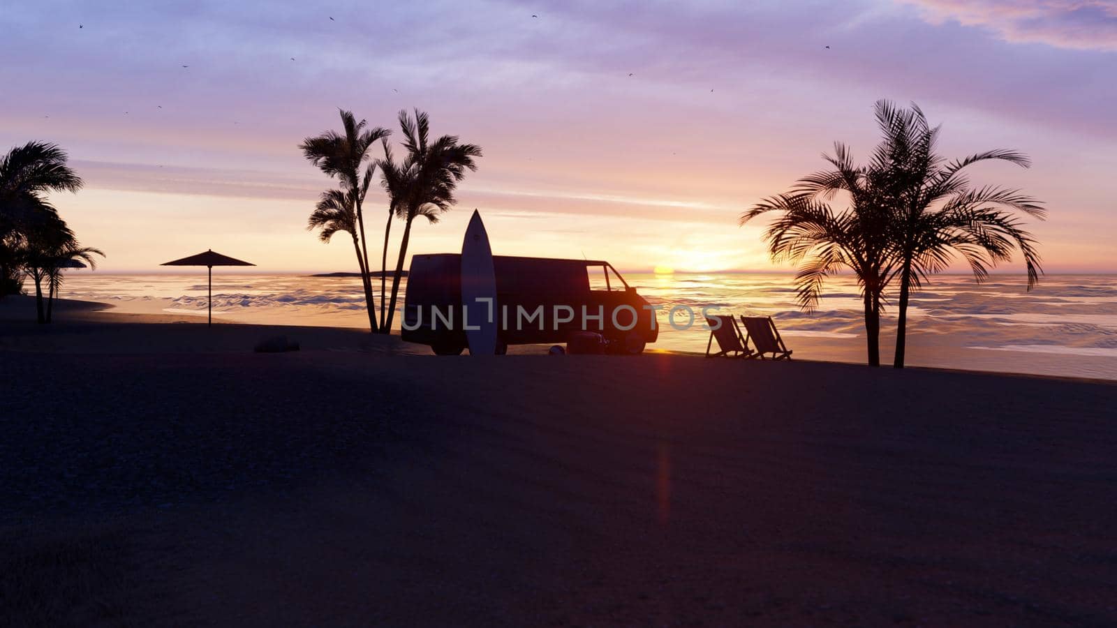 Red sunset over the endless sea. Red sky, yellow sun, palm trees, beautiful ocean and seascape. Concept of sea holidays, travel and tourism. 3D Rendering by designprojects