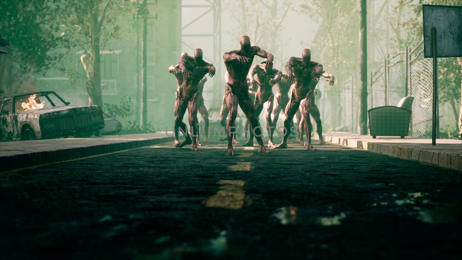 The zombies are walking through an abandoned and deserted city. The concept of the zombie-apocalypse for fantasy, fiction, zombie and apocalypse backgrounds. 3D Rendering by designprojects