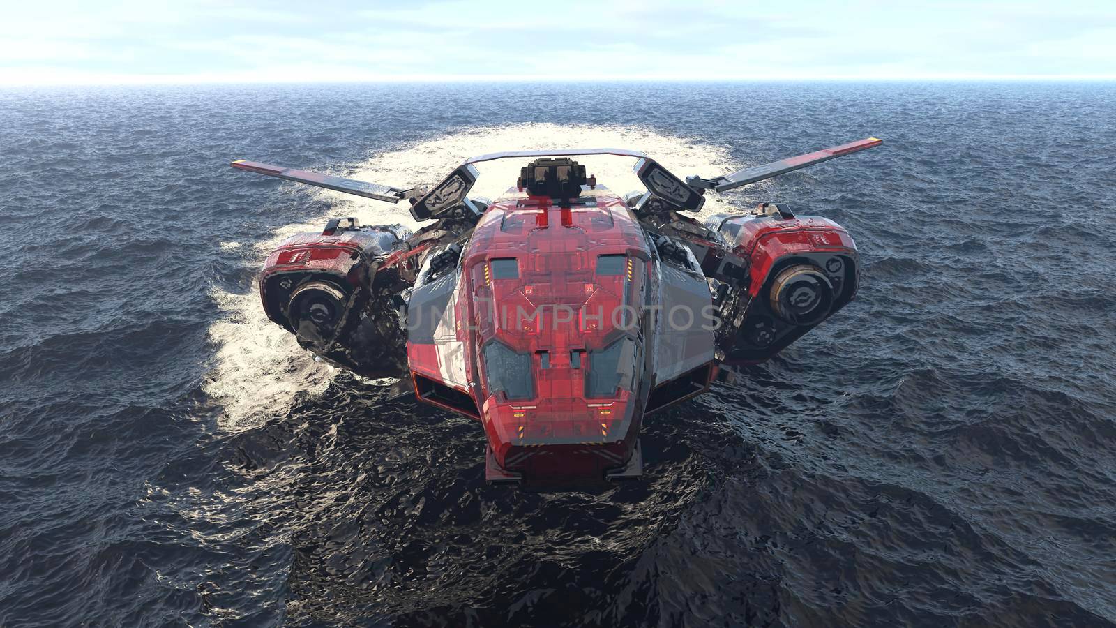 The spacecraft takes off from under the water and flies over the surface of the ocean. Concept for fantasy, futuristic or space travel backgrounds. 3D Rendering by designprojects