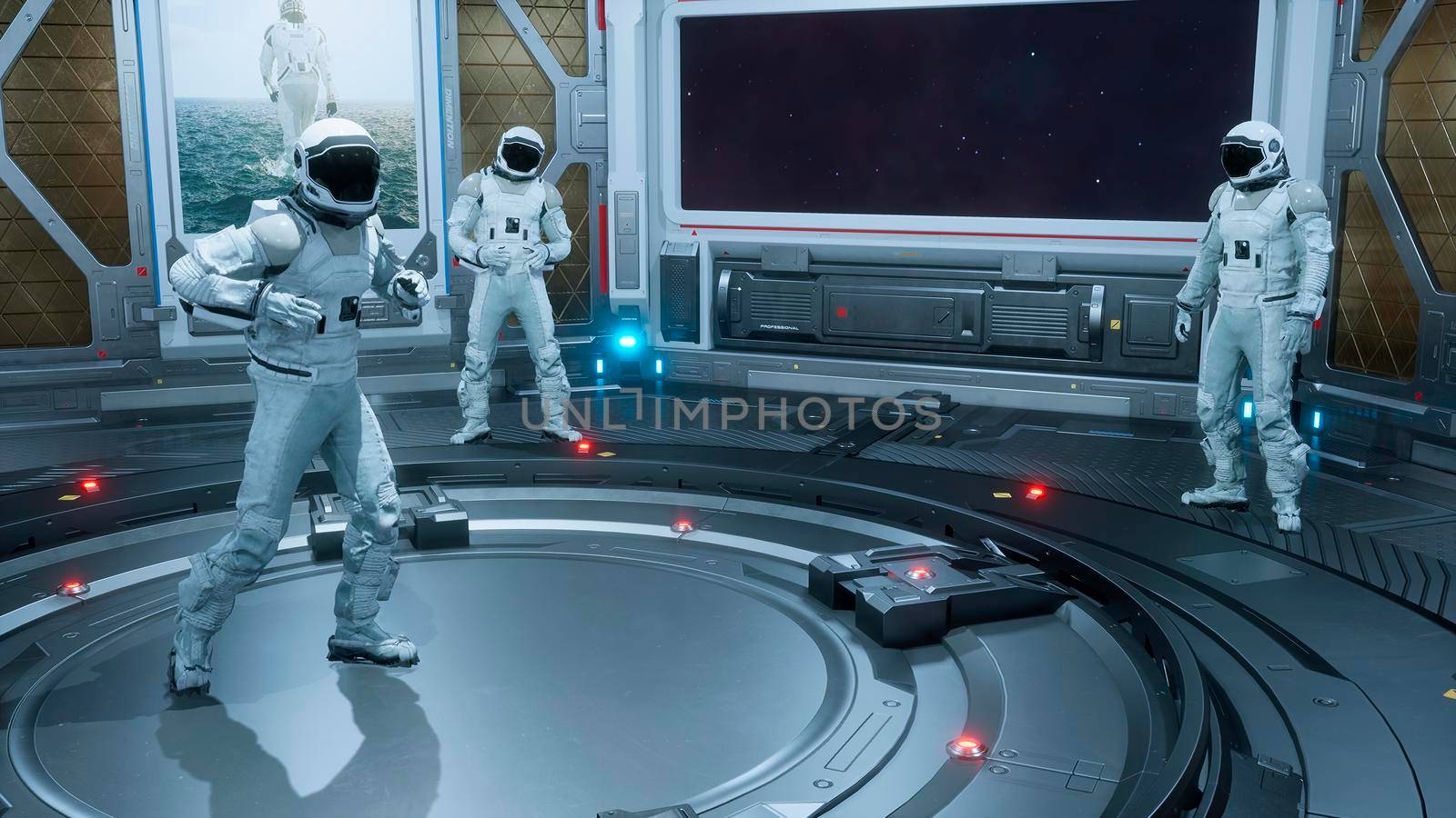 Astronauts relax and have fun on their spaceship. The concept is for fantastic, the futuristic or space travel backgrounds. 3D Rendering by designprojects