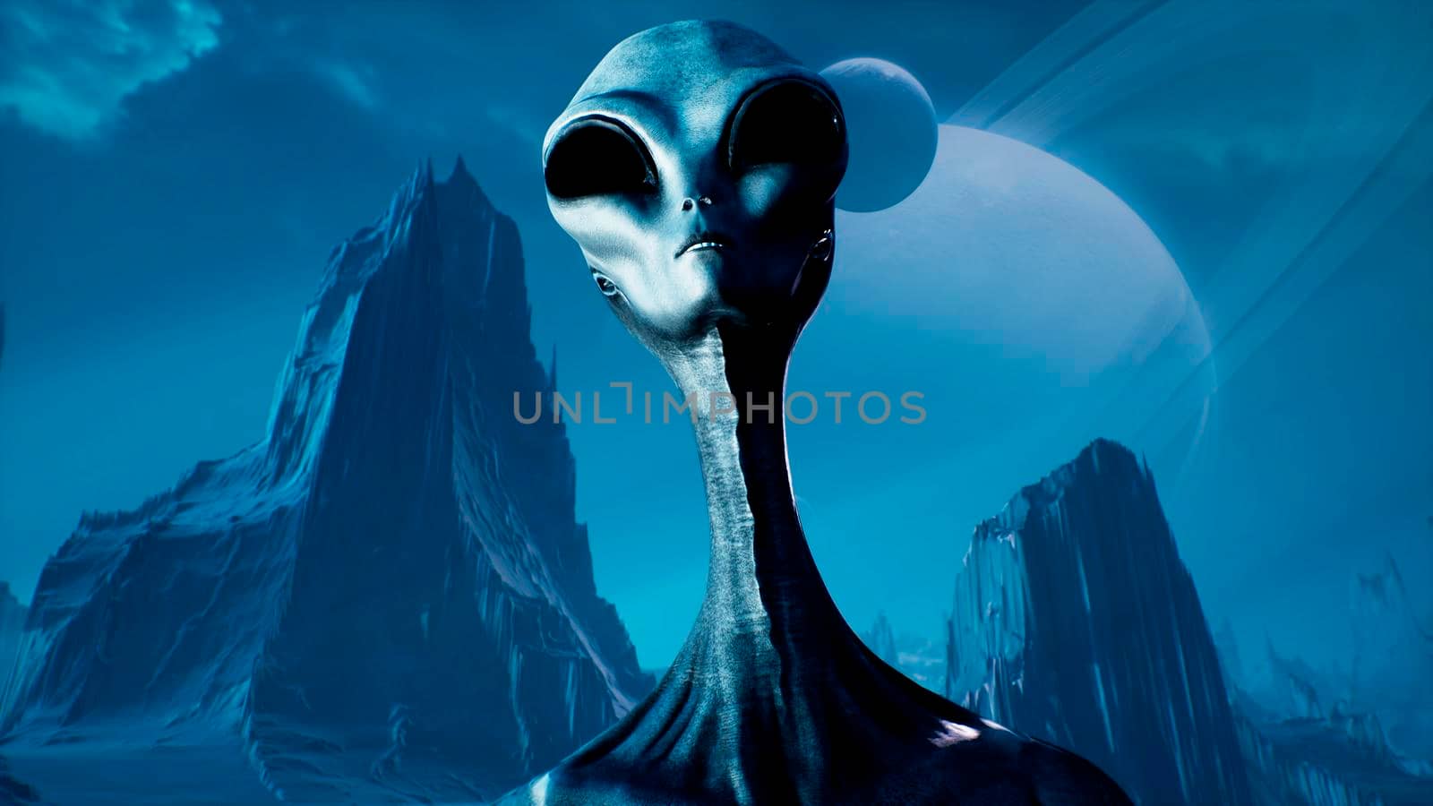 The alien makes an accusing and threatening gesture pointing his index finger. 3D Rendering. by designprojects