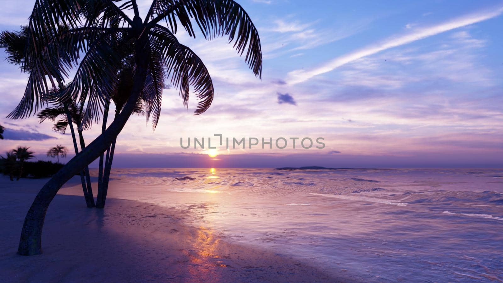 Beautiful sunset over the endless evening ocean. Blue sky, yellow sun, palm trees, endless sea and seascape. In summer, an amazing sunset on the sea coast. 3D Rendering by designprojects
