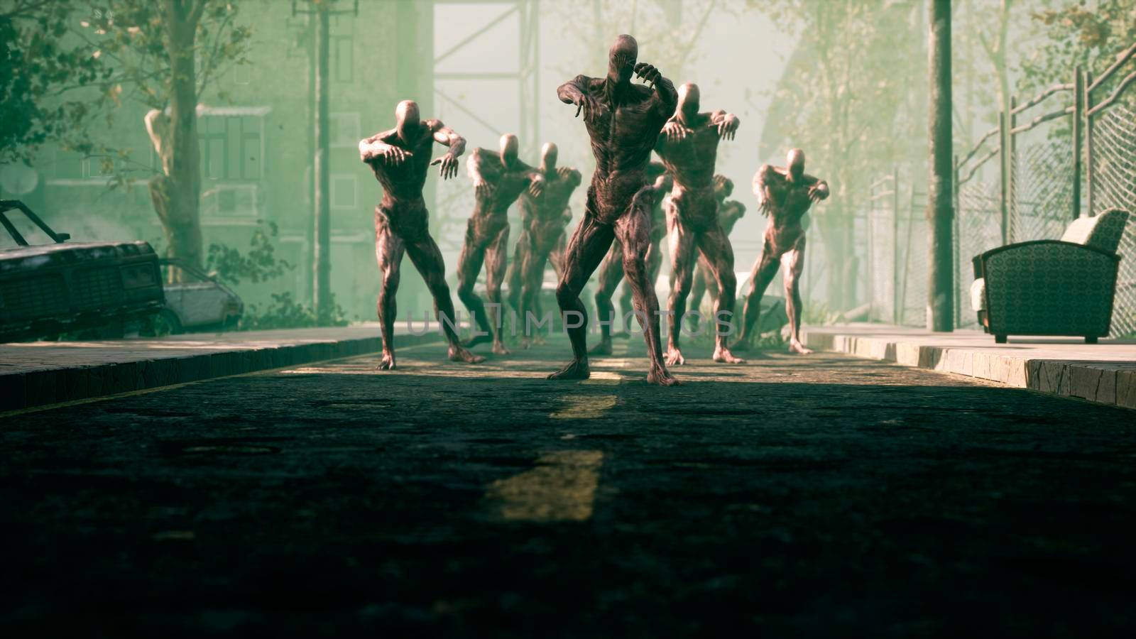 The zombies are walking through an abandoned and deserted city. The concept of the zombie-apocalypse for fantasy, fiction, zombie and apocalypse backgrounds. 3D Rendering by designprojects