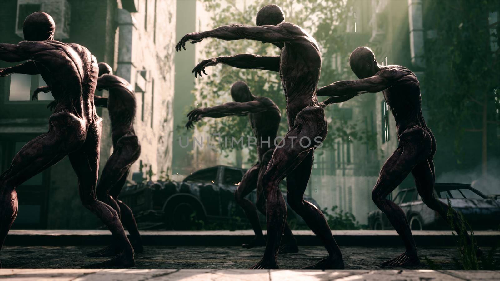 Scary hungry zombies are walking through an abandoned and destroyed city. The concept of the zombie-apocalypse for fantasy, fiction, zombie and apocalypse backgrounds. 3D Rendering by designprojects