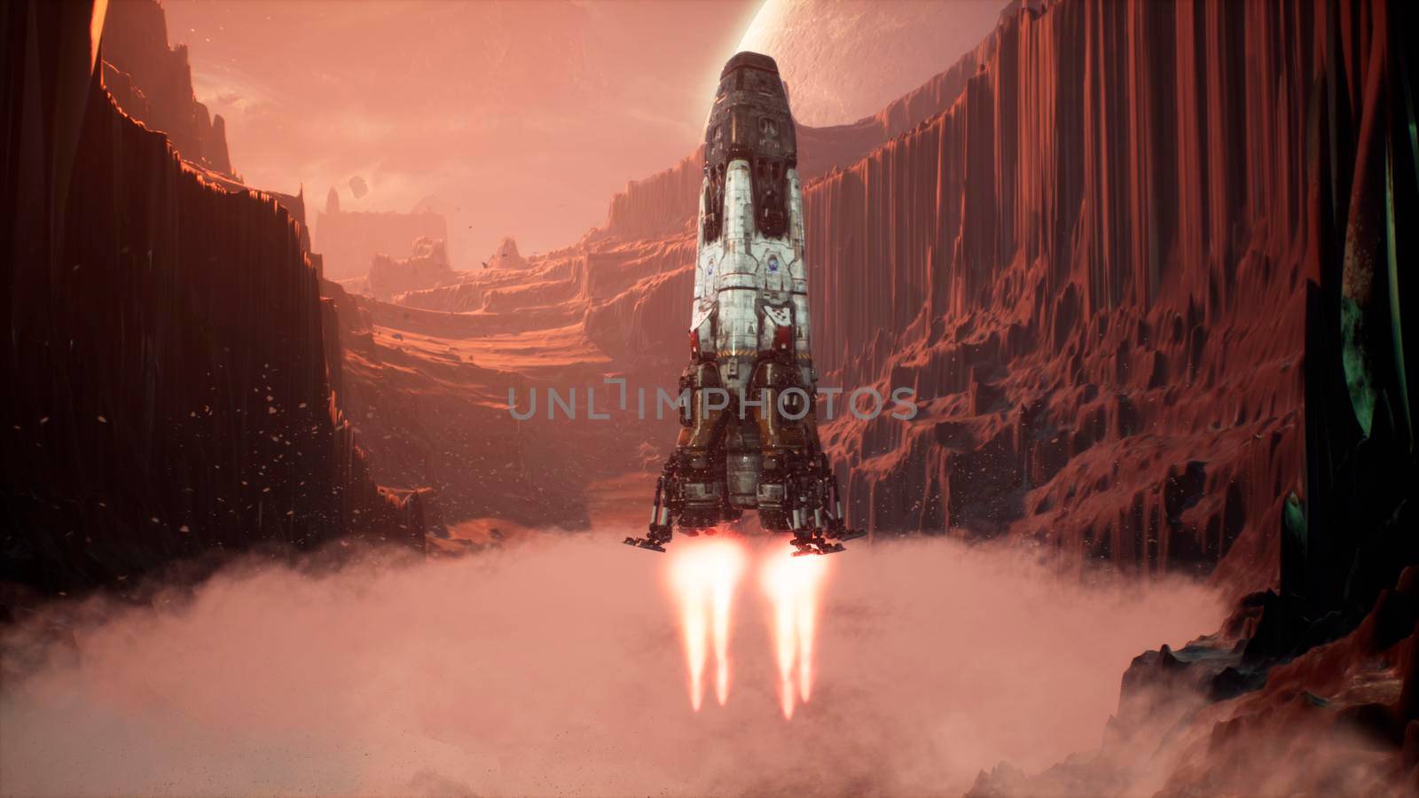 A space rocket lands on an unknown beautiful planet. 3D Rendering. by designprojects