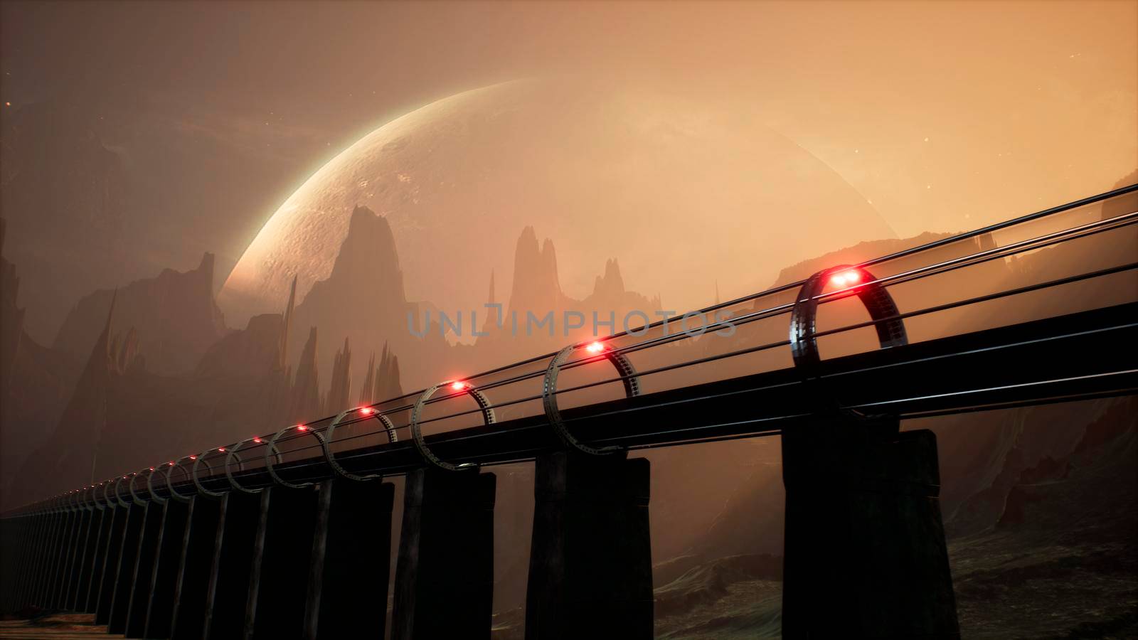 A levitating alien train sweeps across an unknown beautiful planet. 3D Rendering. by designprojects
