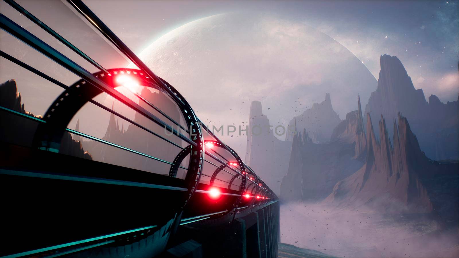 Alien fantastic transport is passing over the desert planet. 3D Rendering. by designprojects
