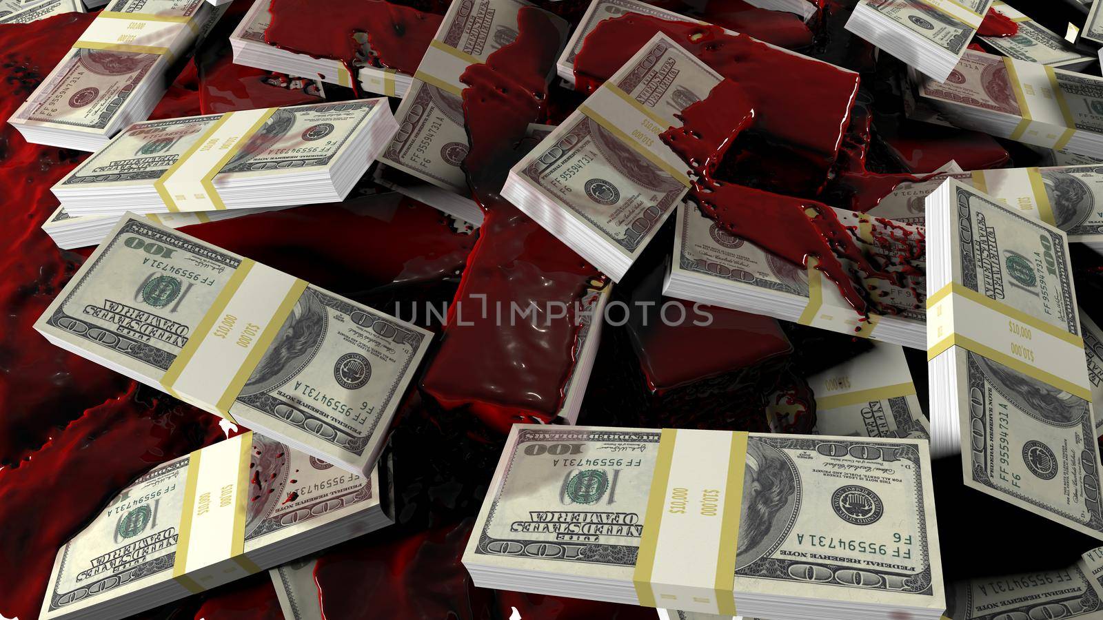 Blood flows to scattered bundles of hundred-dollar banknotes. Concept for business, criminal, financial, political or medical backgrounds.