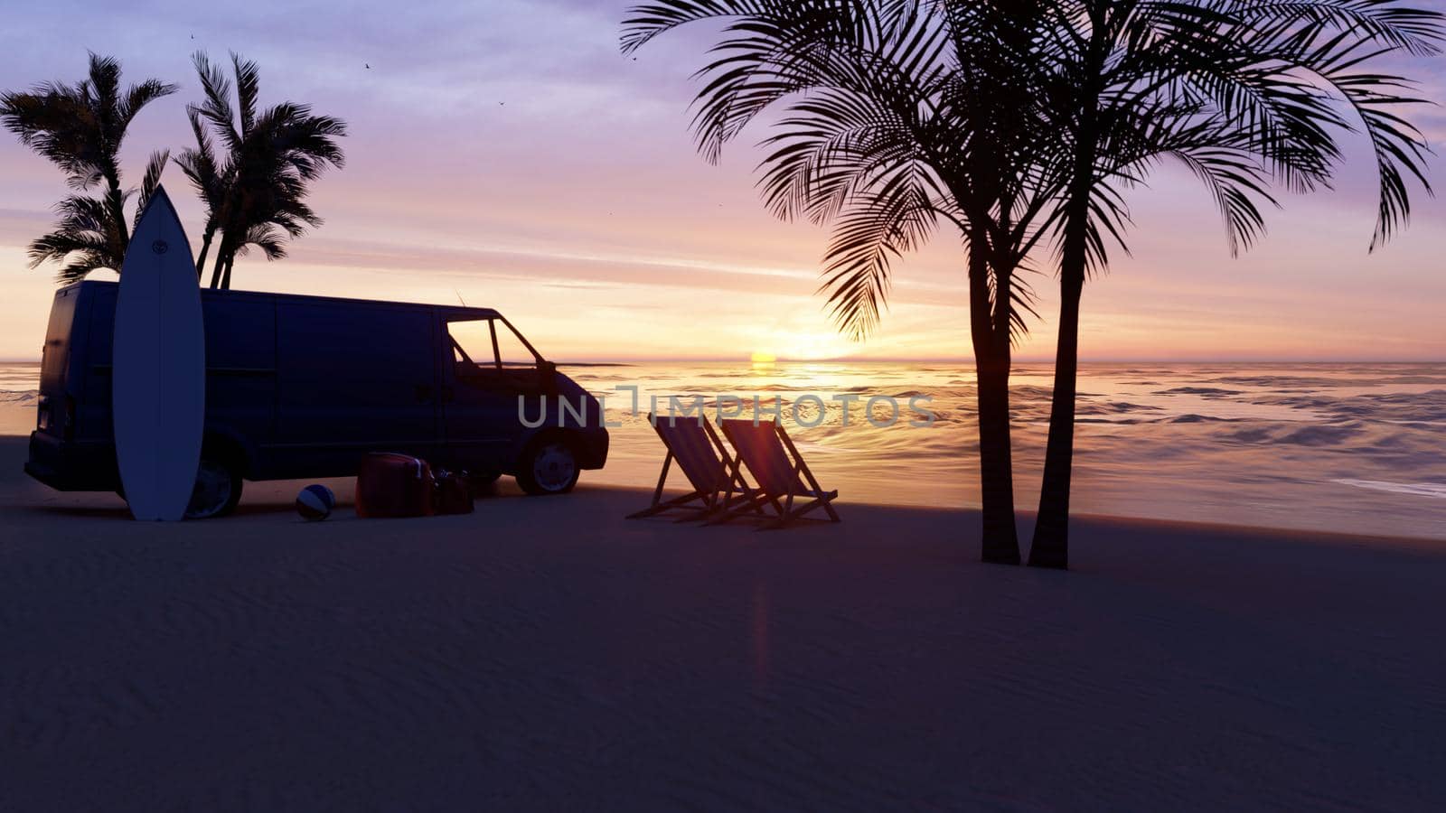 Red sunset over the endless sea. Red sky, yellow sun, palm trees, beautiful ocean and seascape. Concept of sea holidays, travel and tourism. 3D Rendering by designprojects