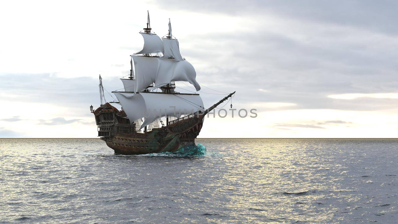 A medieval pirate ship sailing on a vast blue ocean. Concept of sea adventures in the middle ages. 3D Rendering by designprojects