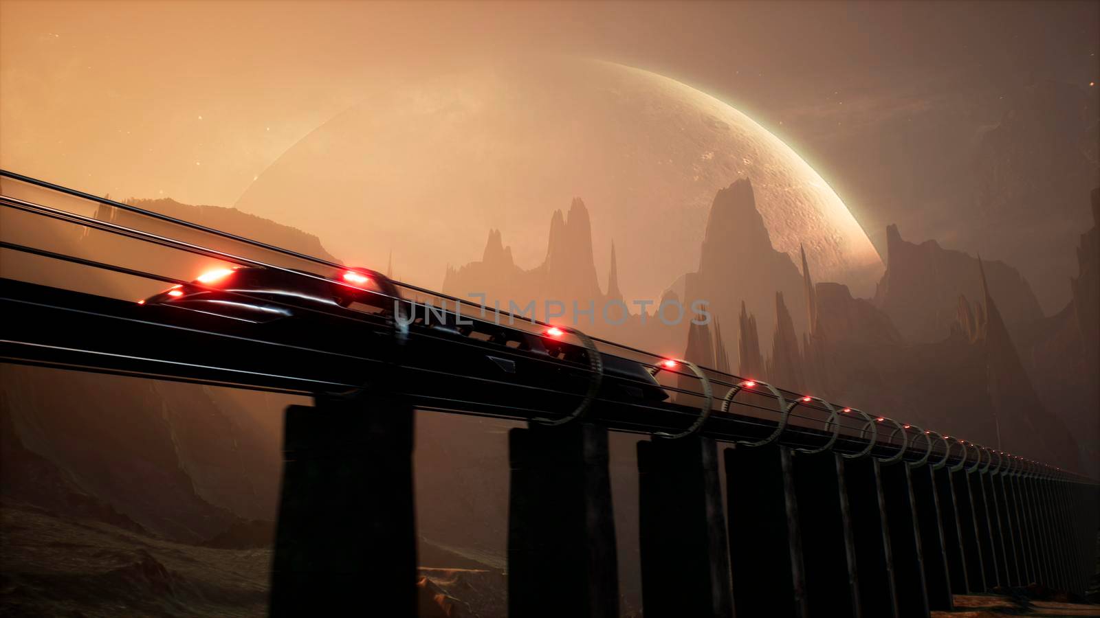 A levitating alien train sweeps across an unknown beautiful planet. 3D Rendering. by designprojects