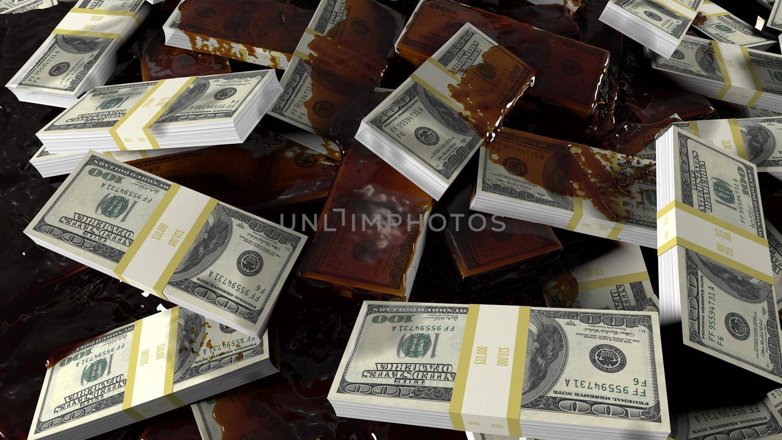 Crude oil floods scattered bundles of hundred-dollar bills. Concept for business, oil, and financial backgrounds. 3D Rendering by designprojects