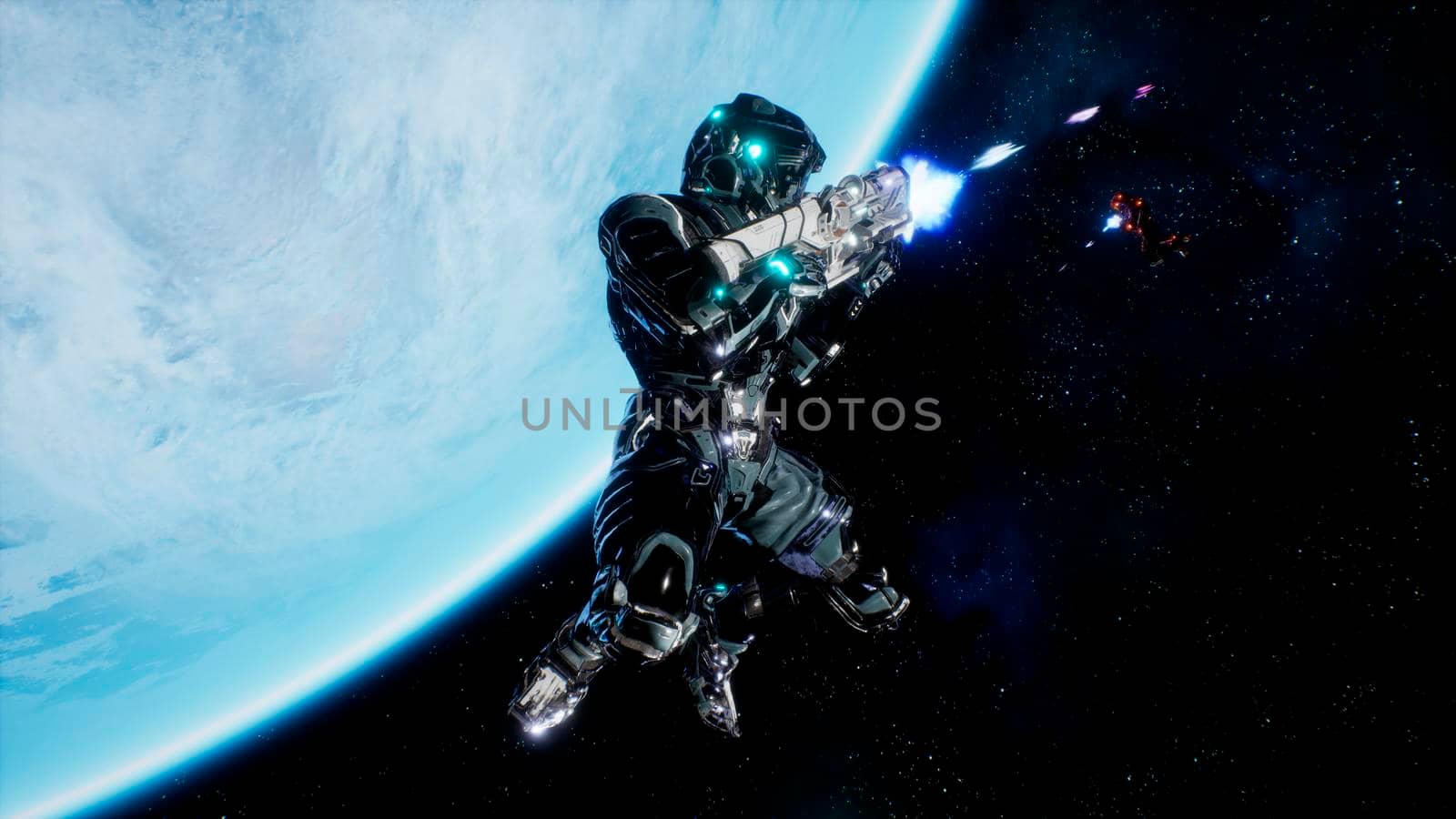 Battle of soldiers of the future in open space near the blue planet. Shootout in deep space.