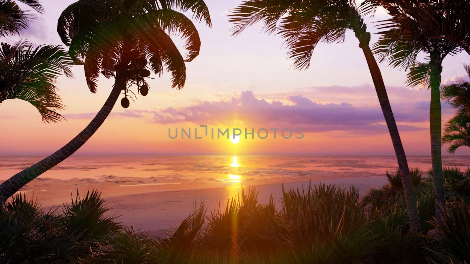 Amazing beautiful sunset over the endless ocean. Blue sky, yellow sun, palm trees, endless ocean and seascape. Summer, beautiful sunset on the sea coasts. 3D Rendering by designprojects