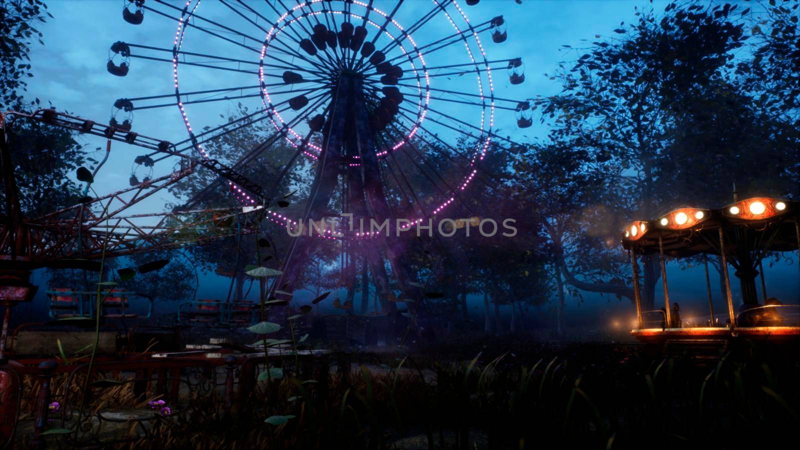 Abandoned Apocalyptic Ferris wheel and carousel in an amusement Park in a city deserted after the Apocalypse. 3D Rendering. by designprojects