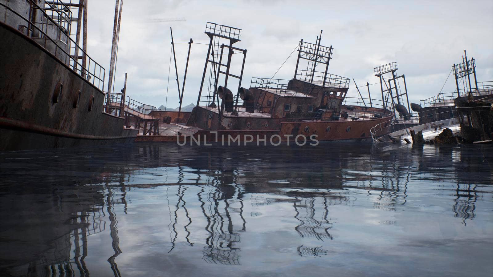 Rusty abandoned ships in the sea bay. Destroyed abandoned industrial ships. 3D Rendering by designprojects