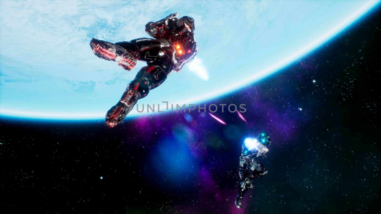 Battle of soldiers of the future in open space near the blue planet. Shootout in deep space. 3D Rendering. by designprojects