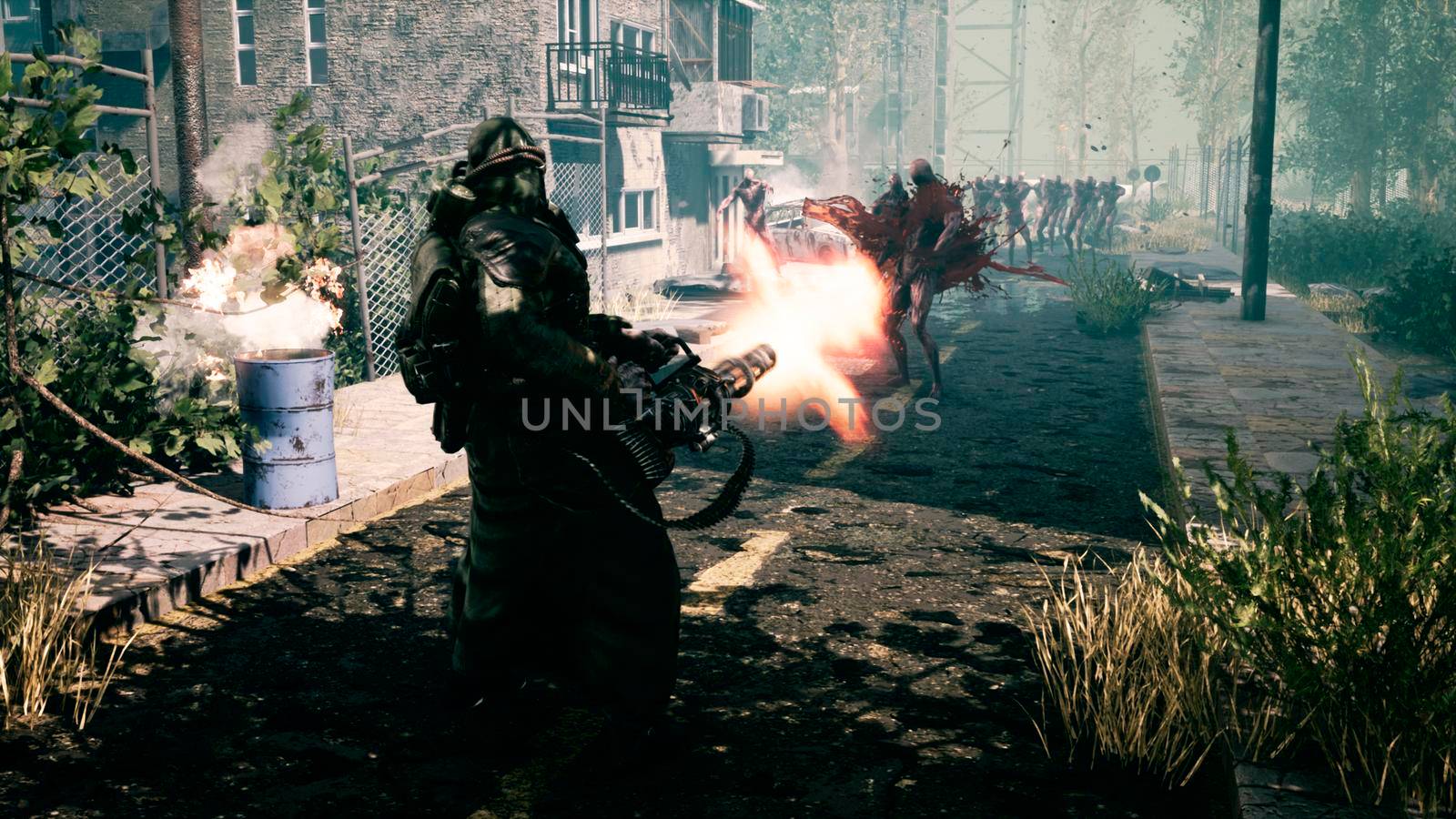 The last survivor of the Apocalypse shoots nightmarish zombies with a machine gun in a deserted city. 3D Rendering. by designprojects