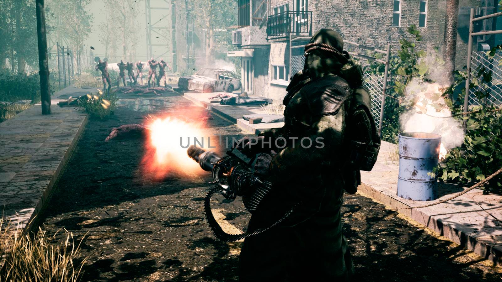 The last survivor of the Apocalypse shoots nightmarish zombies with a machine gun in a deserted city. 3D Rendering. by designprojects