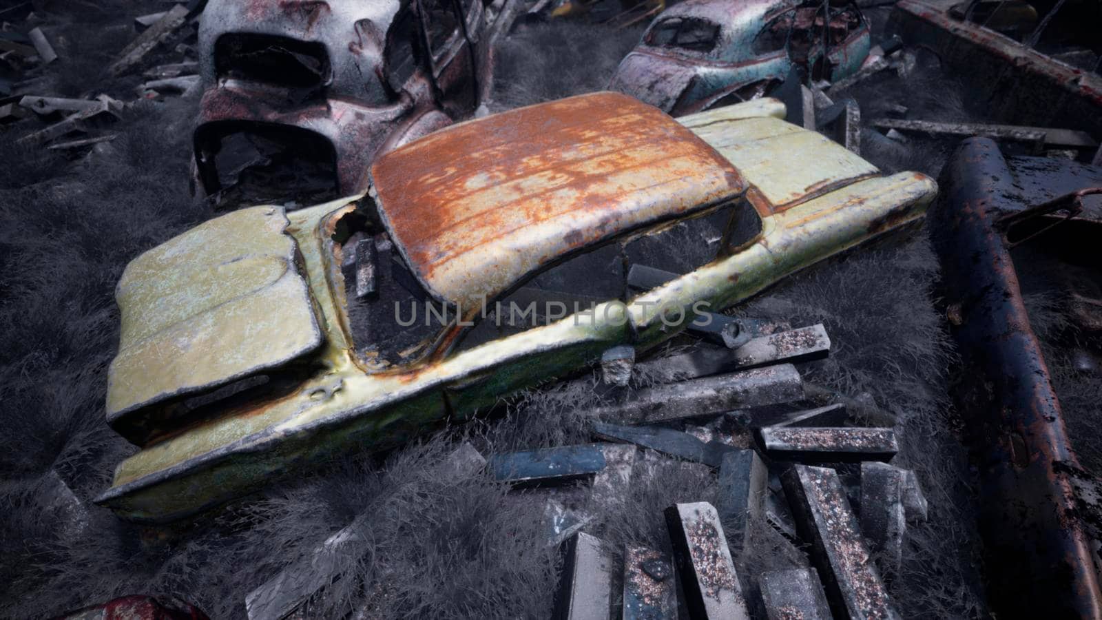 Car dump of old abandoned cars. Rusty damaged cars. A lot of destroyed, ruined, abandoned cars. 3D Rendering by designprojects