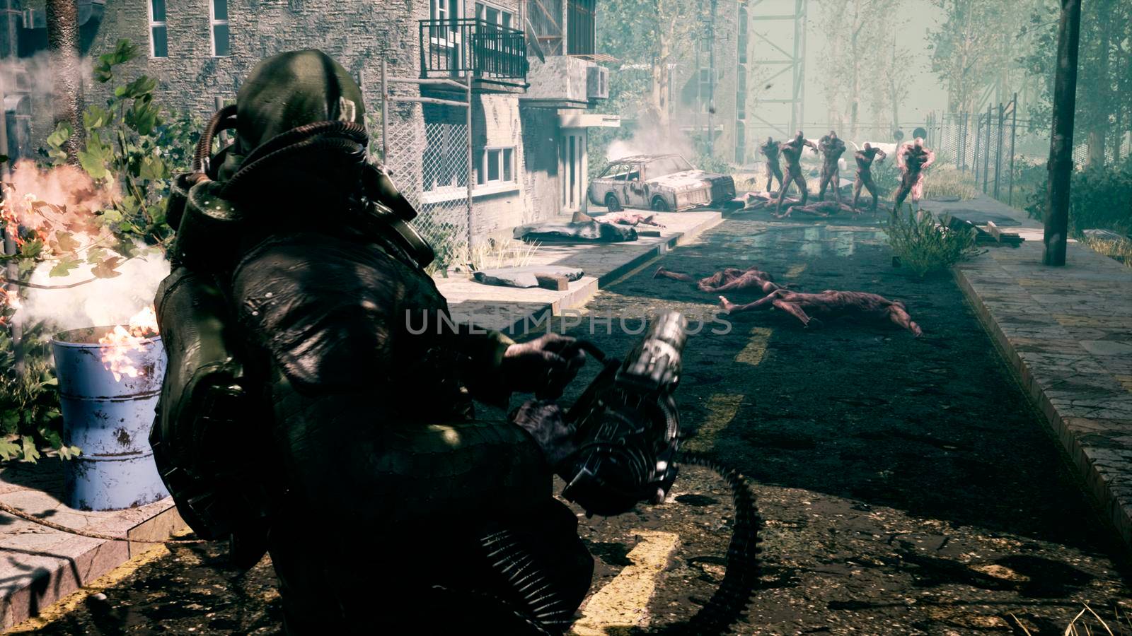 The last survivor of the Apocalypse shoots nightmarish zombies with a machine gun in a deserted city.