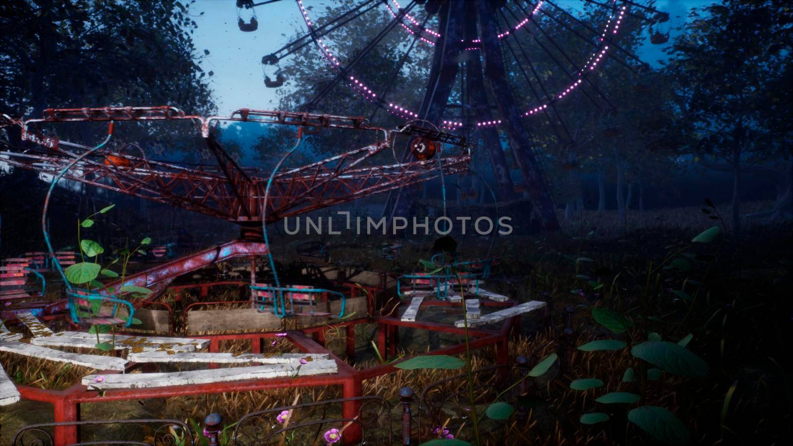 Abandoned Apocalyptic Ferris wheel and carousel in an amusement Park in a city deserted after the Apocalypse.